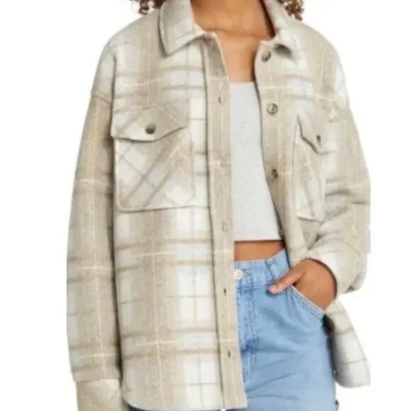 NWT XL Thread Supply Plaid Button-Up Women's Plaid Shacket In Taupe Combo - Picture 1 of 7